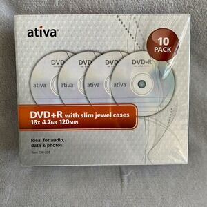 Ativa DVD+R Blank Recordable Discs 10 Pack Slim Jewel Cases 16x 4.7GB Sealed